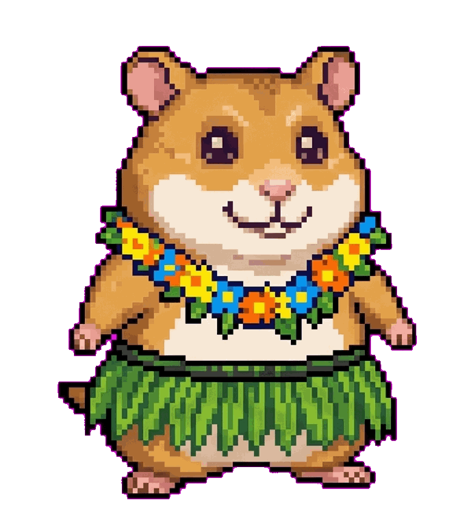 A hamster in a green grass skirt and flower necklace doing a backflip A hamster in a green grass skirt and flower necklace doing a backflip